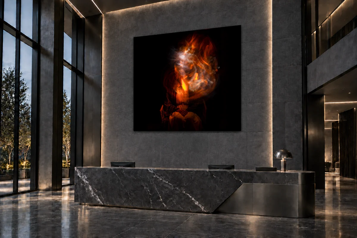 Flame with black breathing room around the centered woman, displayed as a thin floating print at a slight angle behind a modern lobby reception desk