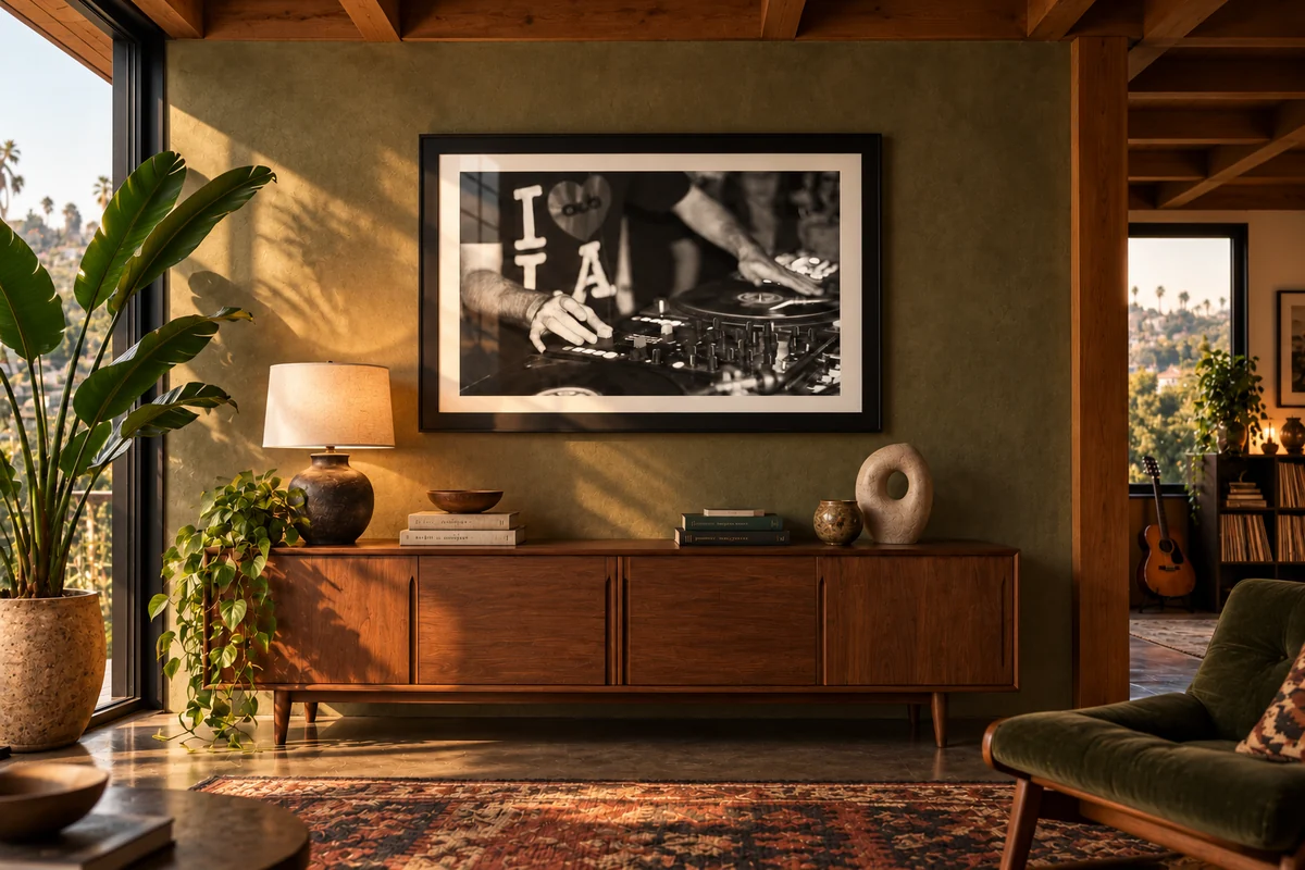 I Dub LA as a large black framed, white matted print above a styled walnut sideboard in a Silver Lake inspired mid-century house